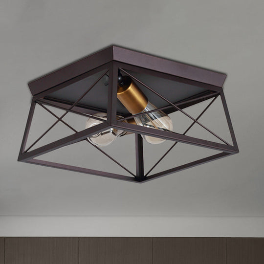 Industrial Style Metal Flush Ceiling Light Fixture - 10’/12’ Wide 2 Bulbs Coffee Tone Ideal For