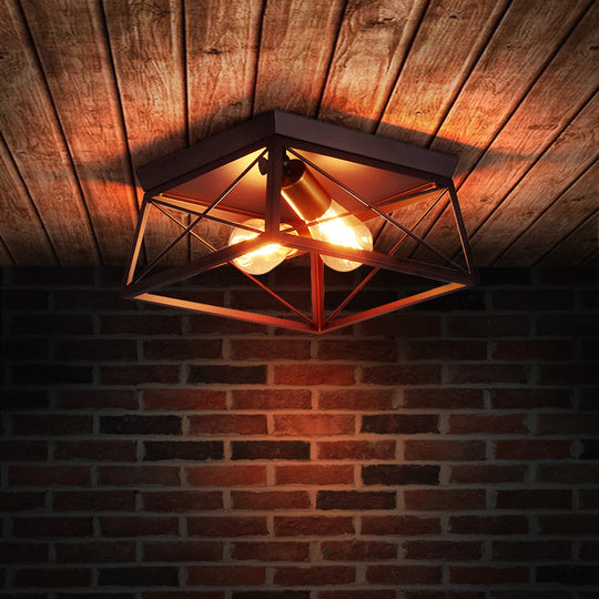 Industrial Style Metal Flush Ceiling Light Fixture - 10’/12’ Wide 2 Bulbs Coffee Tone Ideal For