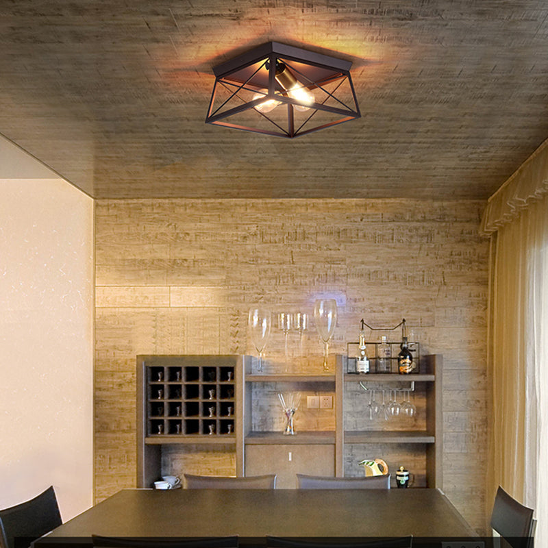 Industrial Style Metal Flush Ceiling Light Fixture - 10/12 Wide 2 Bulbs Coffee Tone Ideal For