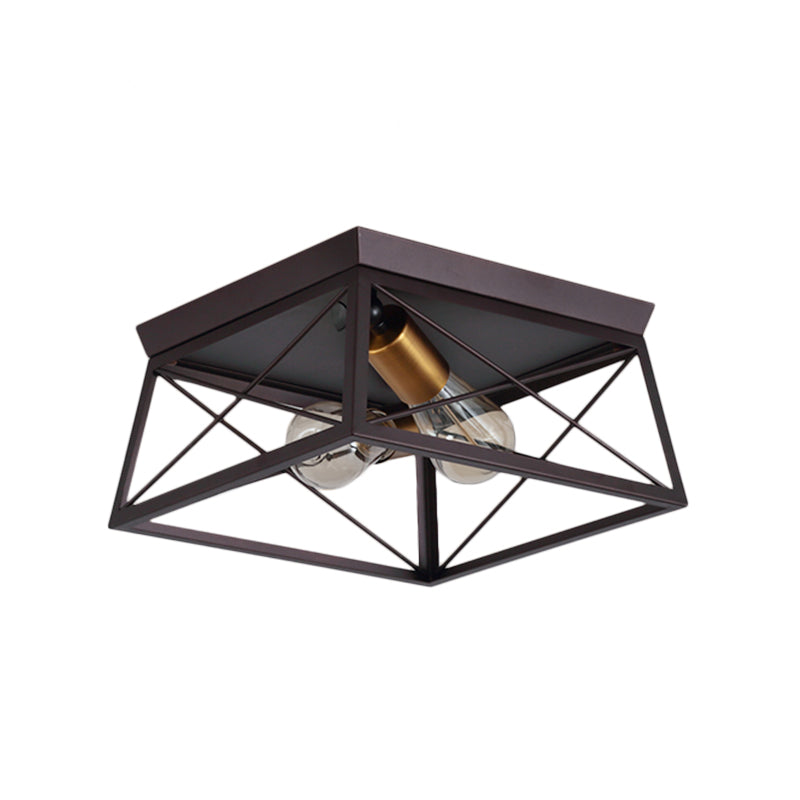 Industrial Style Metal Flush Ceiling Light Fixture - 10’/12’ Wide 2 Bulbs Coffee Tone Ideal For