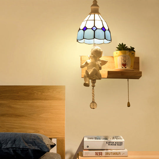 Scalloped Stained Glass Wall Sconce With Cupid Decoration - Tiffany 1-Light Fixture In Multicolor