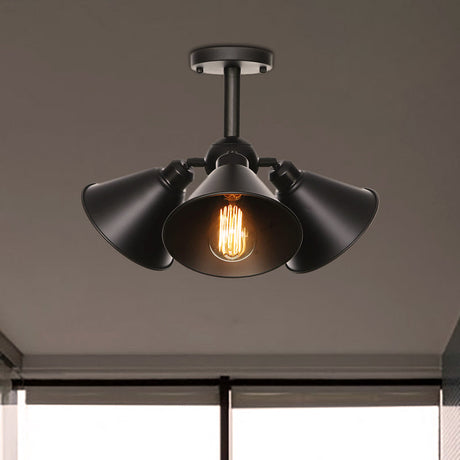 Vintage Indoor Ceiling Light - Black Flush Mount With Metallic Cone/Saucer Shade / Cone