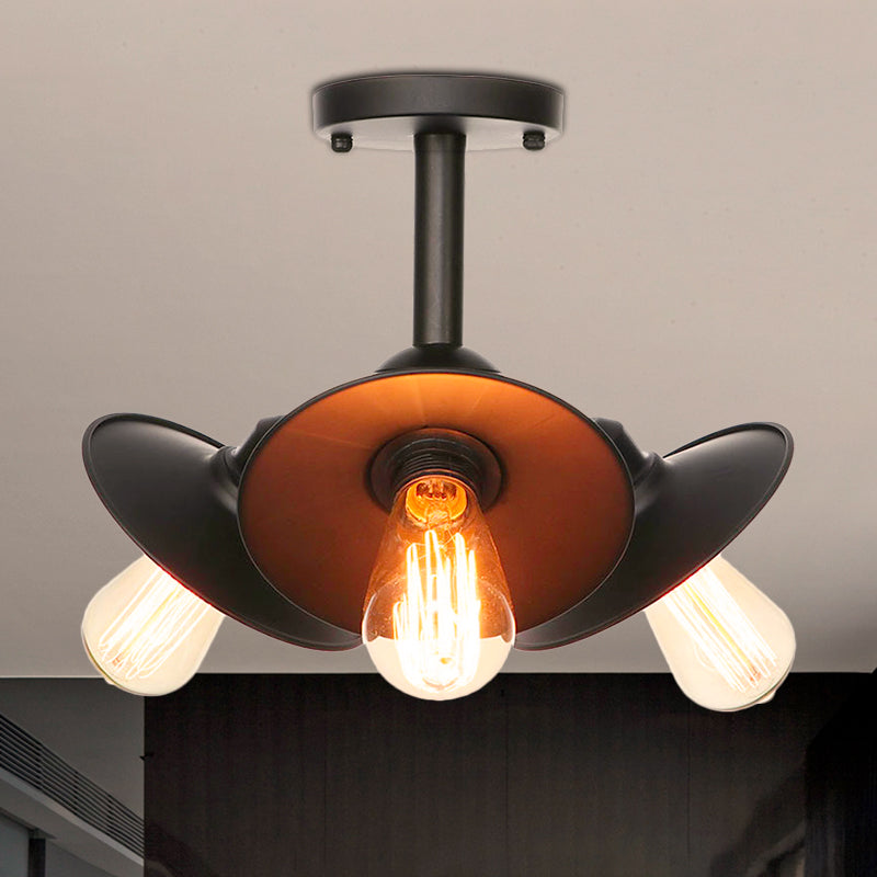 Vintage Indoor Ceiling Light - Black Flush Mount With Metallic Cone/Saucer Shade / Saucer