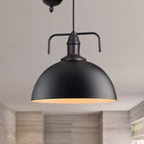 Black Dome Hanging Light - Warehouse Style Metallic Pendant With Pulley Design 8/12 Width