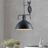 Black Dome Hanging Light - Warehouse Style Metallic Pendant With Pulley Design 8/12 Width / 8
