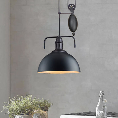 Black Dome Hanging Light - Warehouse Style Metallic Pendant With Pulley Design 8/12 Width / 8