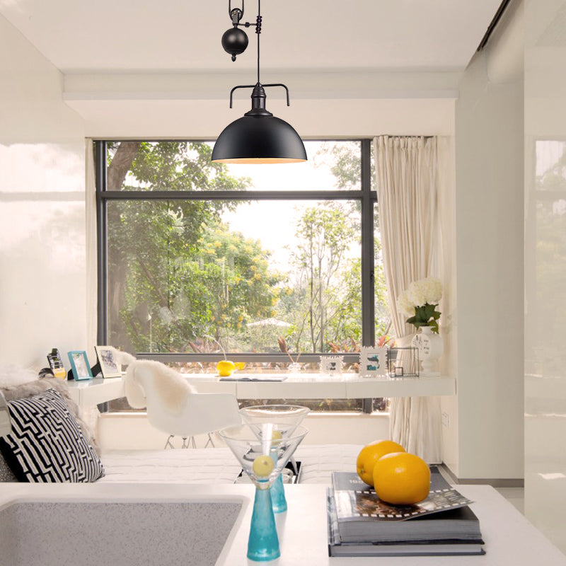 Black Dome Hanging Light - Warehouse Style Metallic Pendant With Pulley Design 8/12 Width