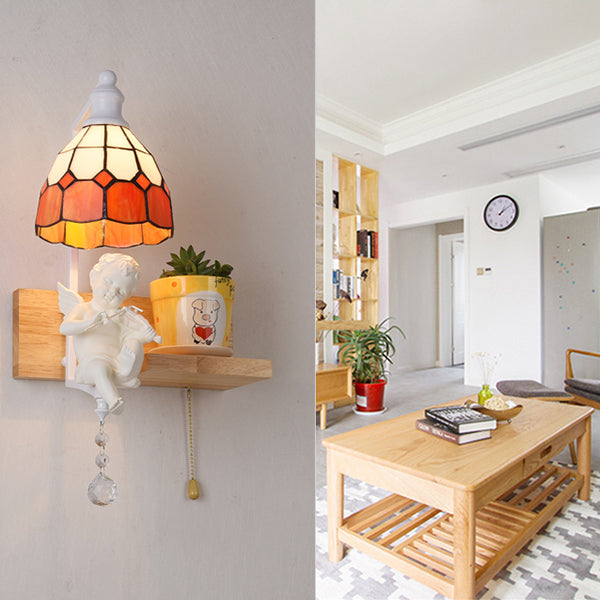 Scalloped Stained Glass Wall Sconce With Cupid Decoration - Tiffany 1-Light Fixture In Multicolor