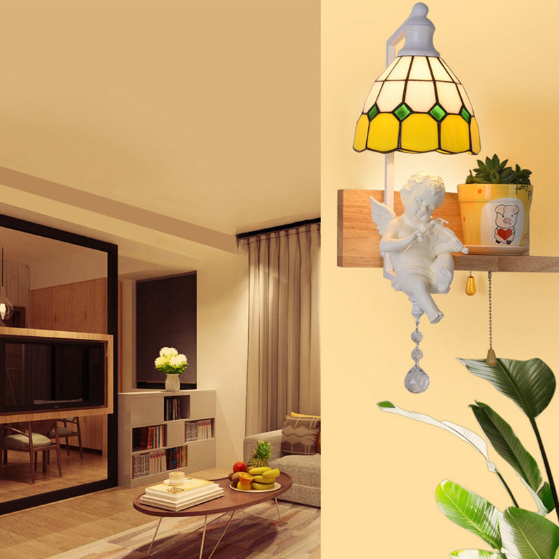 Scalloped Stained Glass Wall Sconce With Cupid Decoration - Tiffany 1-Light Fixture In Multicolor