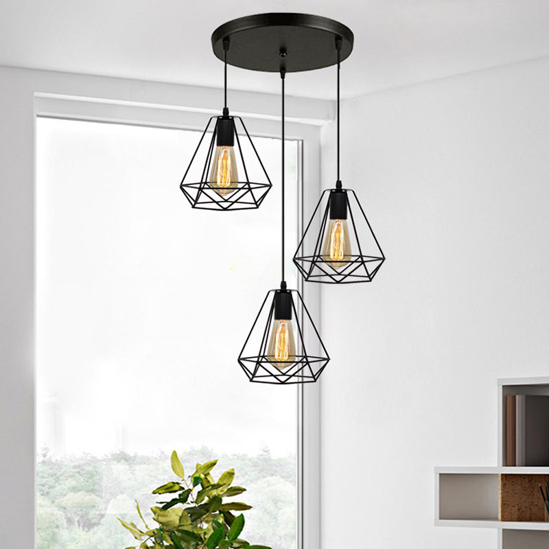 Industrial Metal Diamond Cage Pendant Light - Set Of 3 Multi Hanging Lights For Restaurants