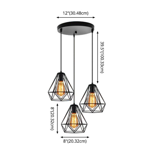 Industrial Metal Diamond Cage Pendant Light - Set Of 3 Multi Hanging Lights For Restaurants