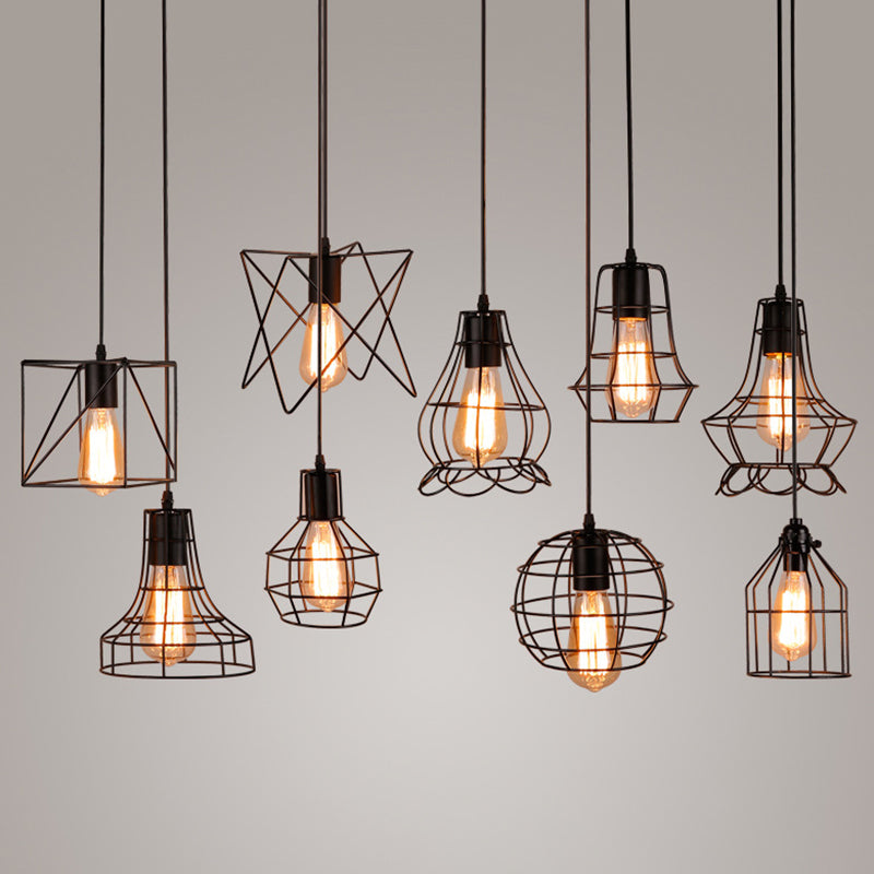 Retro Industrial Metal Cage Pendant Light Fixture - 1-Light Ceiling Hanging For Restaurants