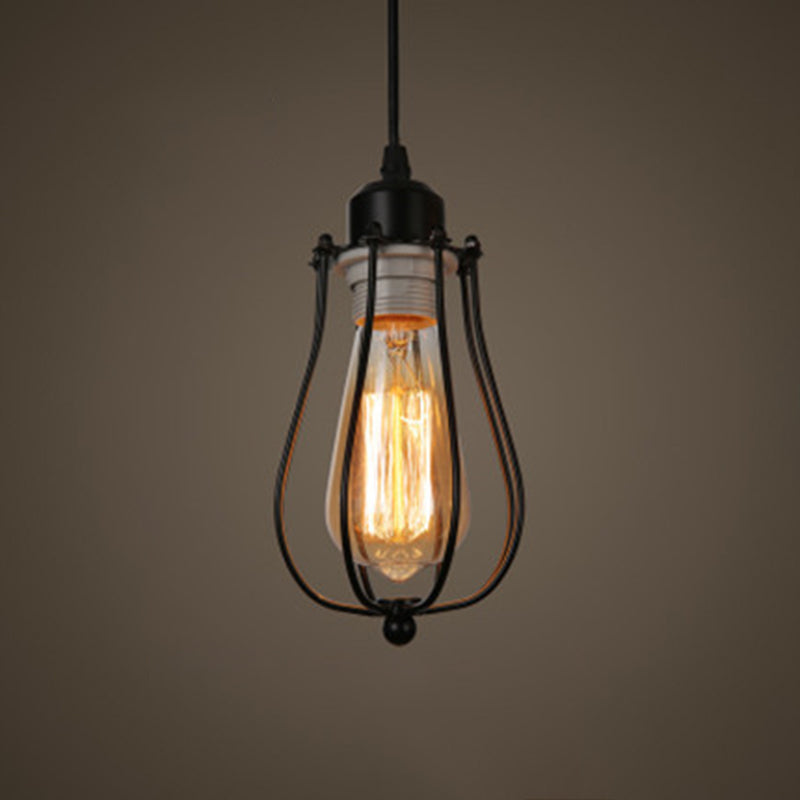 Retro Industrial Metal Cage Pendant Light Fixture - 1-Light Ceiling Hanging For Restaurants Black /