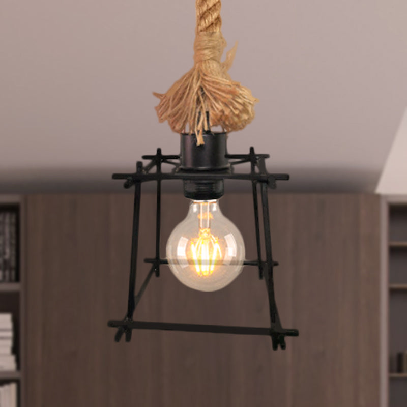 Retro Metal Trapezoid Cage Ceiling Light Black Pendant Lamp With Adjustable Rope – Ideal For