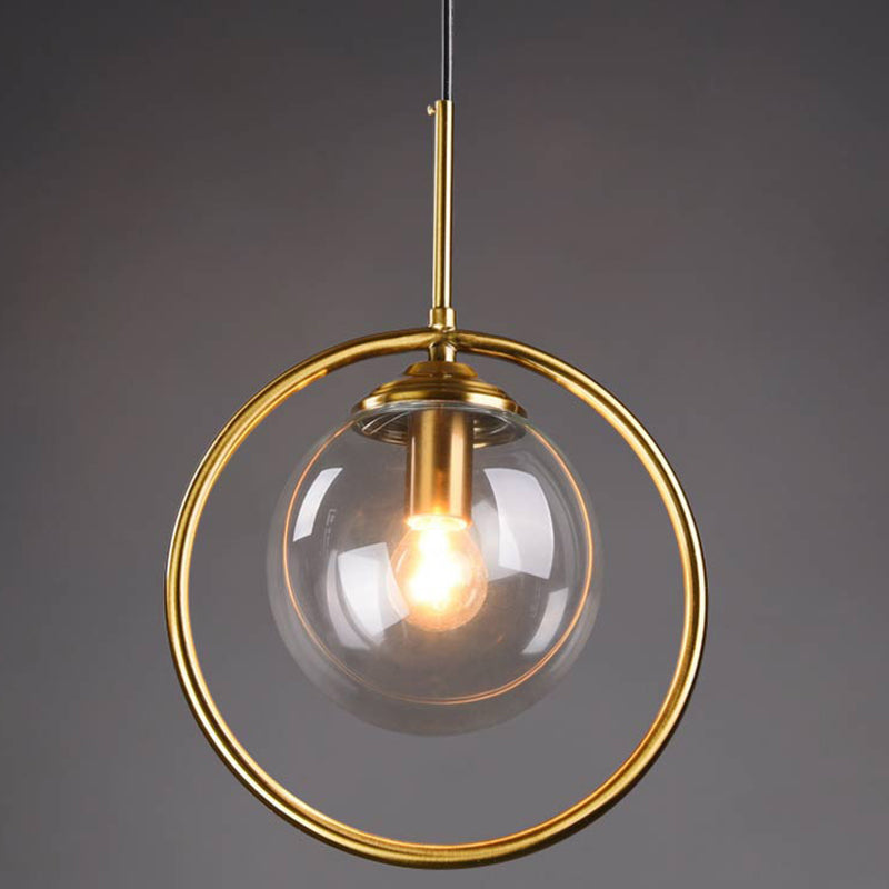Mid-Century Design Hanging Lamp With Glass Shade And Metal Ring - Perfect For Bedroom