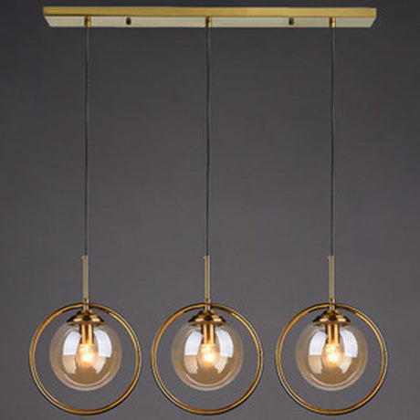 Mid-Century Design Hanging Lamp With Glass Shade And Metal Ring - Perfect For Bedroom Amber / Linear
