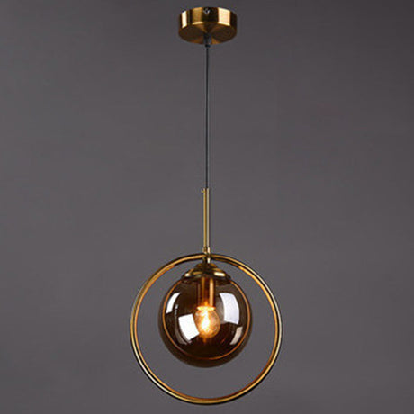 Mid-Century Design Hanging Lamp With Glass Shade And Metal Ring - Perfect For Bedroom Grey / Round