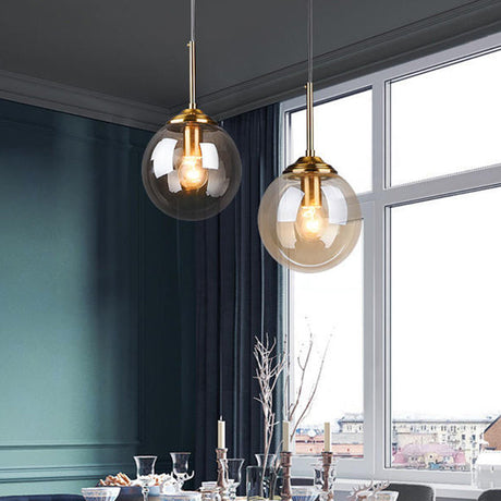 Mid-Century Design Hanging Lamp With Glass Shade And Metal Ring - Perfect For Bedroom Amber / Round