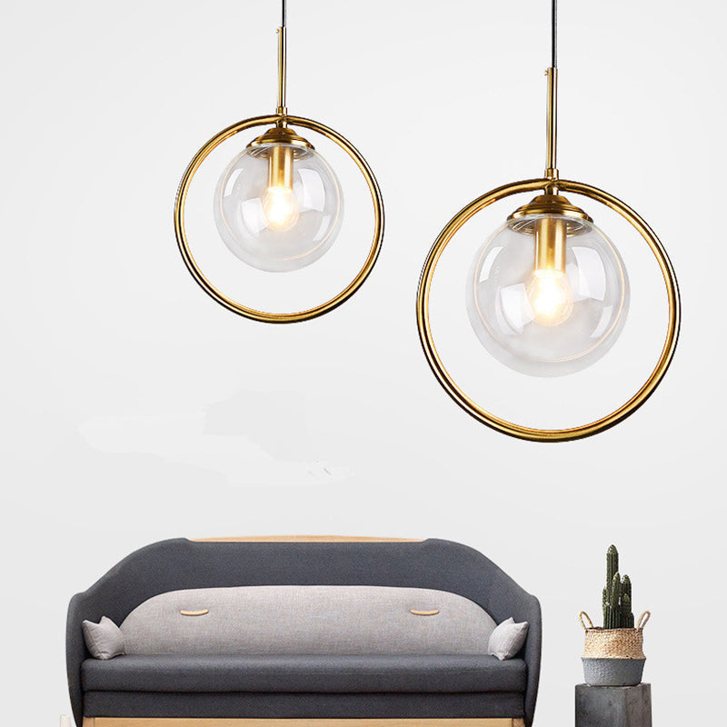 Mid-Century Design Hanging Lamp With Glass Shade And Metal Ring - Perfect For Bedroom