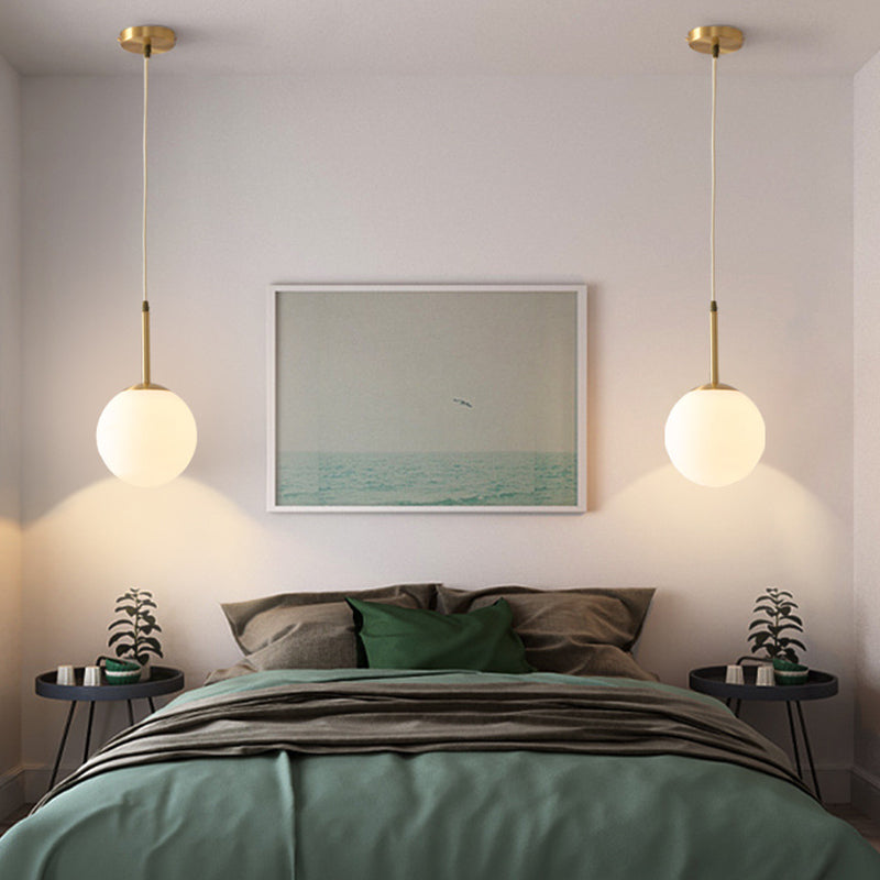 Mid-Century Modern Brass Pendant Light With Spherical White Glass Shade