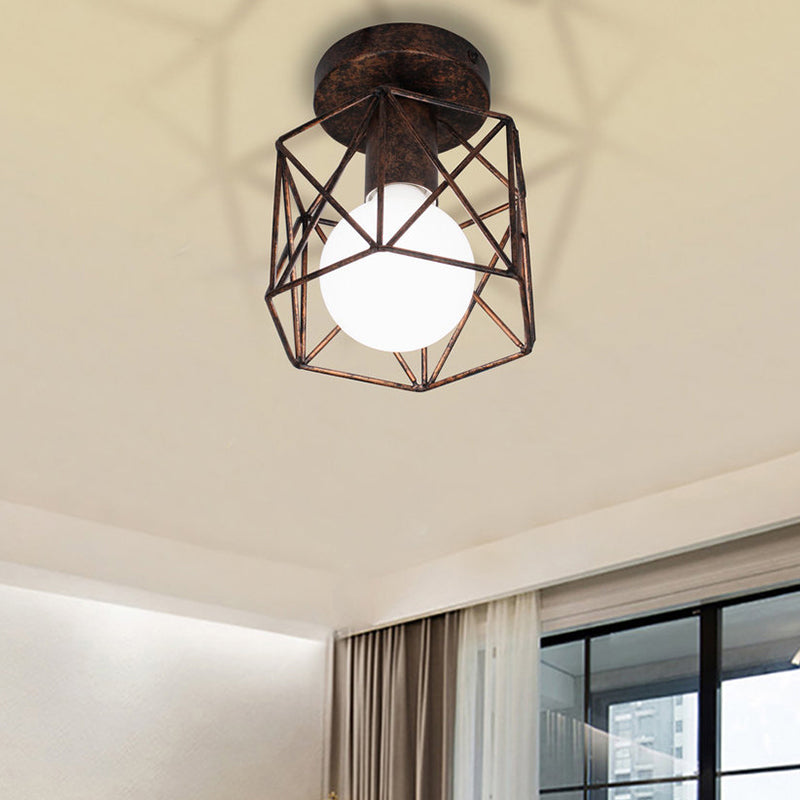 Antique Bronze Wire Cage Semi Flush Light With Hexagon Shade