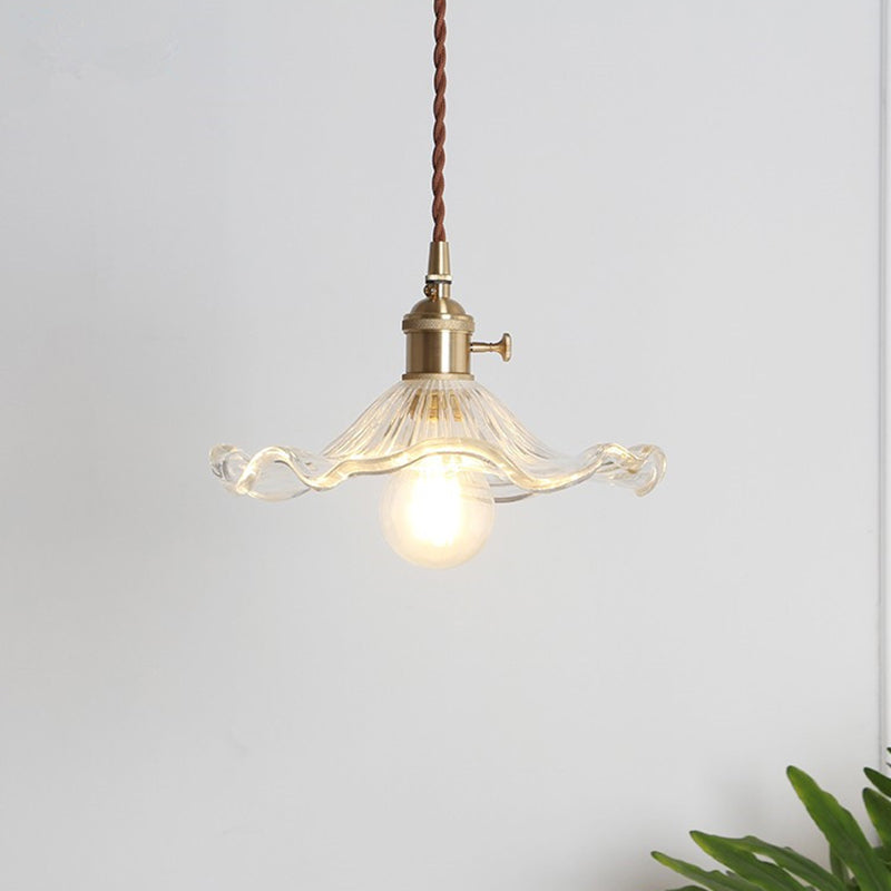 Vintage Scalloped Hanging Light Pendant With Textured Glass Shade - 1 Polished Brass Finish