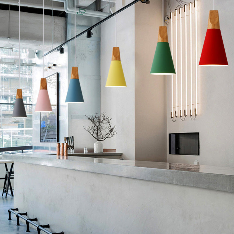 Metal Tapered Hanging Light - Nordic Style 1-Light Restaurant Pendant Lamp With Wooden Top