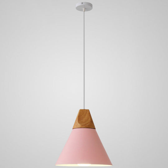 Nordic Style Metal Hanging Ceiling Pendant Lamp With Wooden Top - 1 Light Restaurant Lighting Pink /
