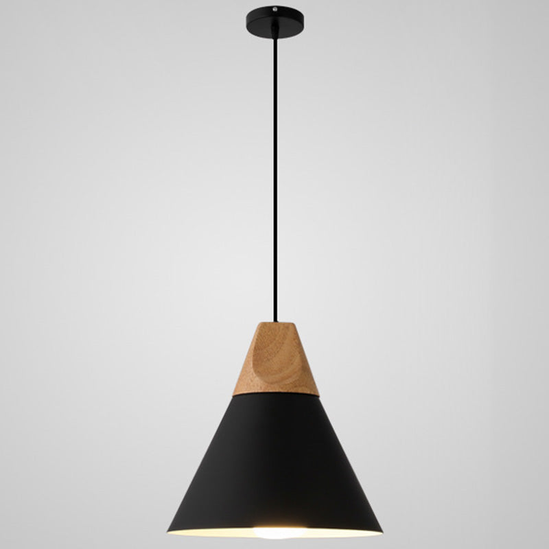 Nordic Style Metal Hanging Ceiling Pendant Lamp With Wooden Top - 1 Light Restaurant Lighting Black