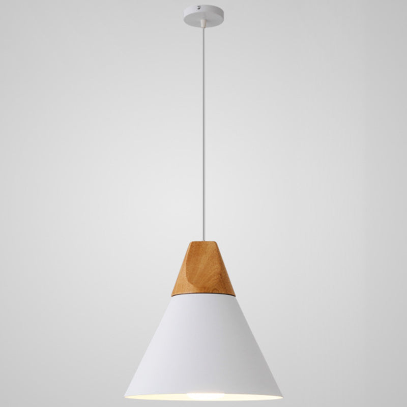Metal Tapered Hanging Light - Nordic Style 1-Light Restaurant Pendant Lamp With Wooden Top White /