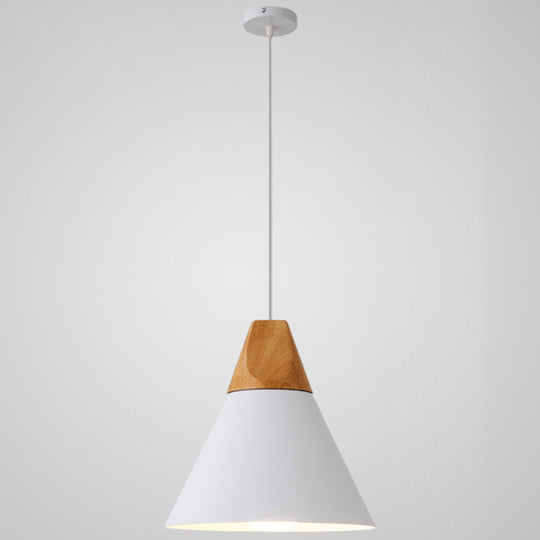 Metal Tapered Hanging Light - Nordic Style 1-Light Restaurant Pendant Lamp With Wooden Top White /