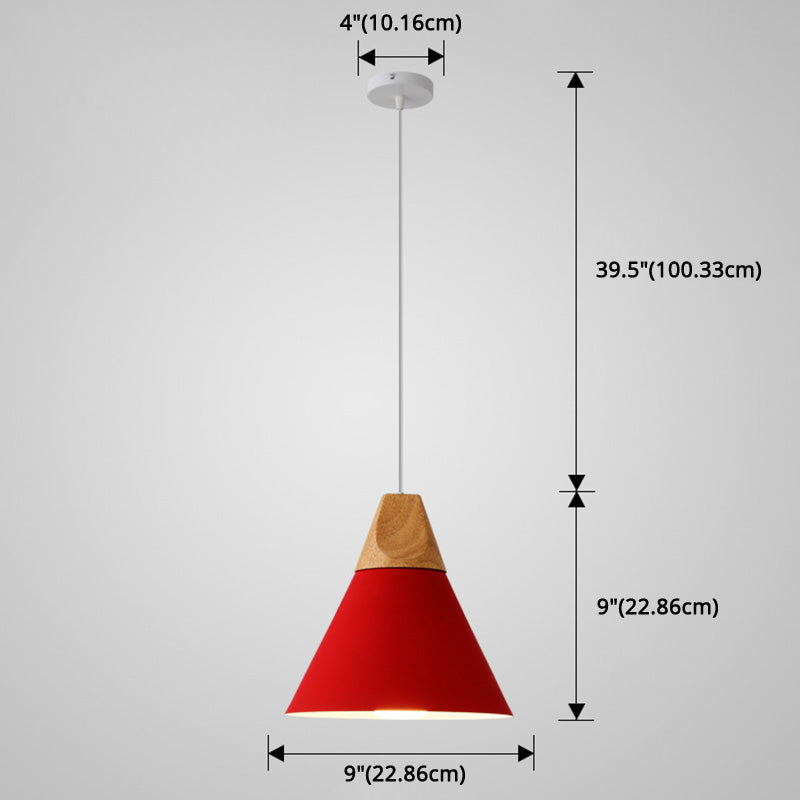 Metal Tapered Hanging Light - Nordic Style 1-Light Restaurant Pendant Lamp With Wooden Top