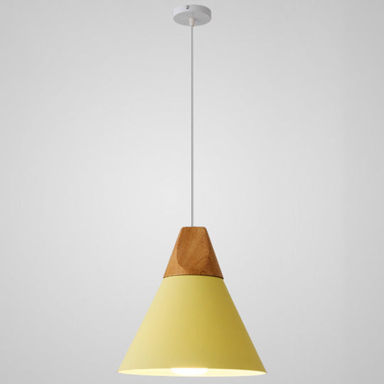 Nordic Style Metal Hanging Ceiling Pendant Lamp With Wooden Top - 1 Light Restaurant Lighting Yellow