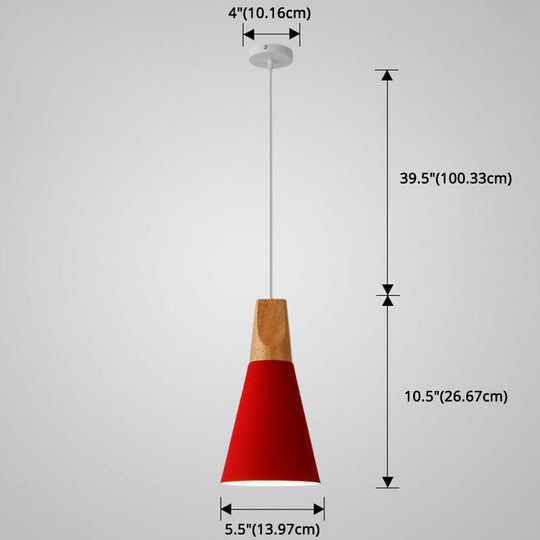 Metal Tapered Hanging Light - Nordic Style 1-Light Restaurant Pendant Lamp With Wooden Top