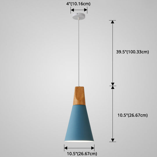 Metal Tapered Hanging Light - Nordic Style 1-Light Restaurant Pendant Lamp With Wooden Top