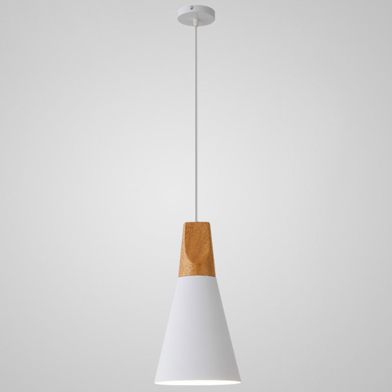 Metal Tapered Hanging Light - Nordic Style 1-Light Restaurant Pendant Lamp With Wooden Top White /