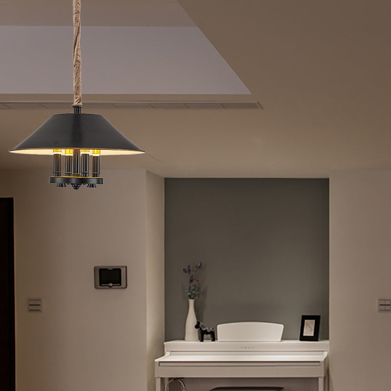 Vintage Black Cone Shade Chandelier With 4 Lights - Metal Pendant Lamp For Dining Room