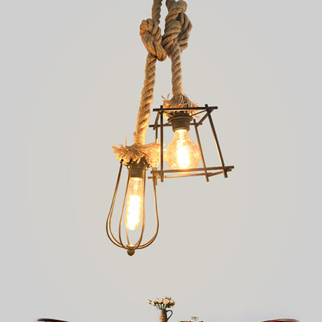 Lodge Style Black Caged Ceiling Fixture: 2-Light Metal And Rope Hanging Lighting With Unique Shade