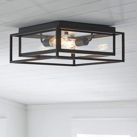 Vintage Style Black Flush Mount Ceiling Light With Clear Glass Shade