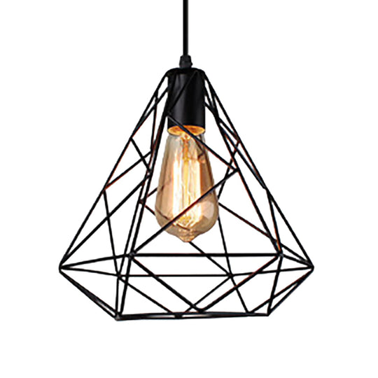 Hanging Diamond Shade Metal Kitchen Ceiling Light With Farmhouse Style And Wire Frame In Black