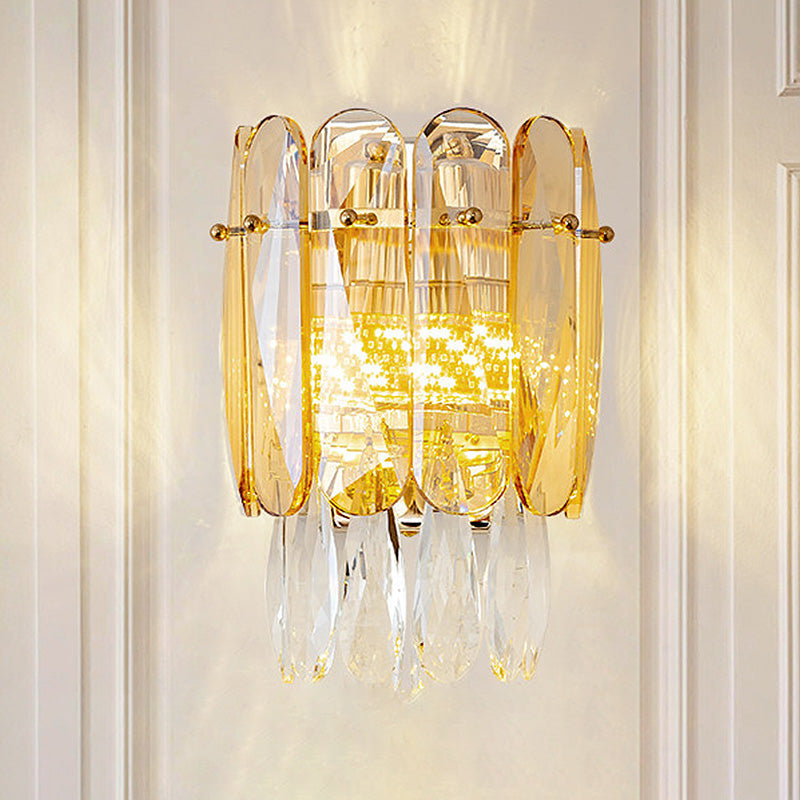 Postmodern Faceted Crystal Gold Sconce Light - Half-Cylinder Wall Mount For Bedroom
