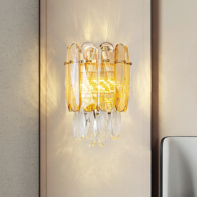 Postmodern Faceted Crystal Gold Sconce Light - Half-Cylinder Wall Mount For Bedroom