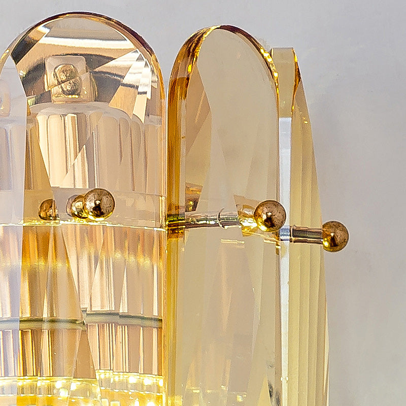 Postmodern Faceted Crystal Gold Sconce Light - Half-Cylinder Wall Mount For Bedroom