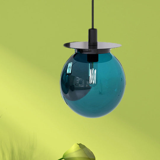 Modern 1-Head Globe Dining Lamp Kit - Orange/Blue/Clear Glass Pendant Light Fixture Blue