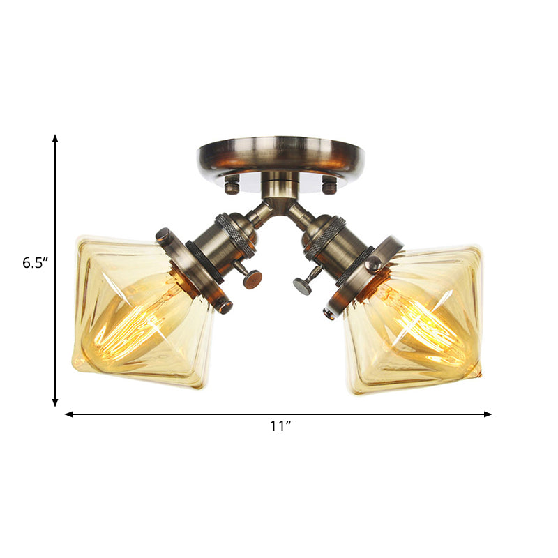 Diamond Amber/Clear Glass Semi Mount Farmhouse Light Fixture - 2 - Light Flush Black/Bronze Design