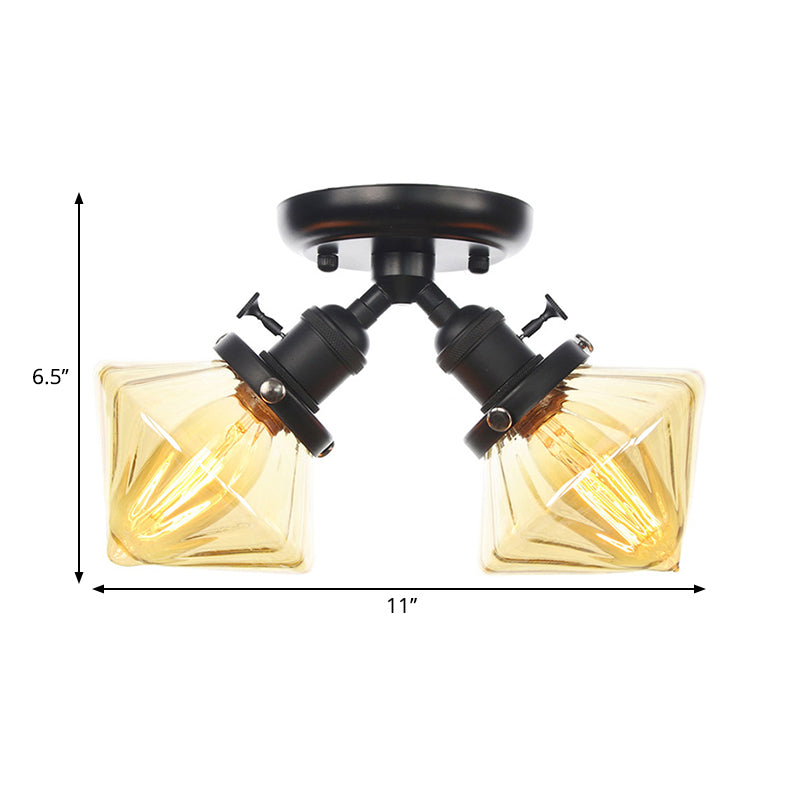 Diamond Amber/Clear Glass Semi Mount Farmhouse Light Fixture - 2 - Light Flush Black/Bronze Design