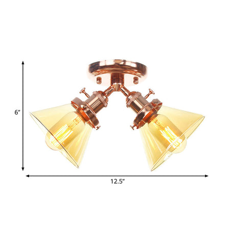 Vintage Style Semi Flush Mount Restaurant Ceiling Light With Conic Amber/Clear Glass Shade - 2 Heads