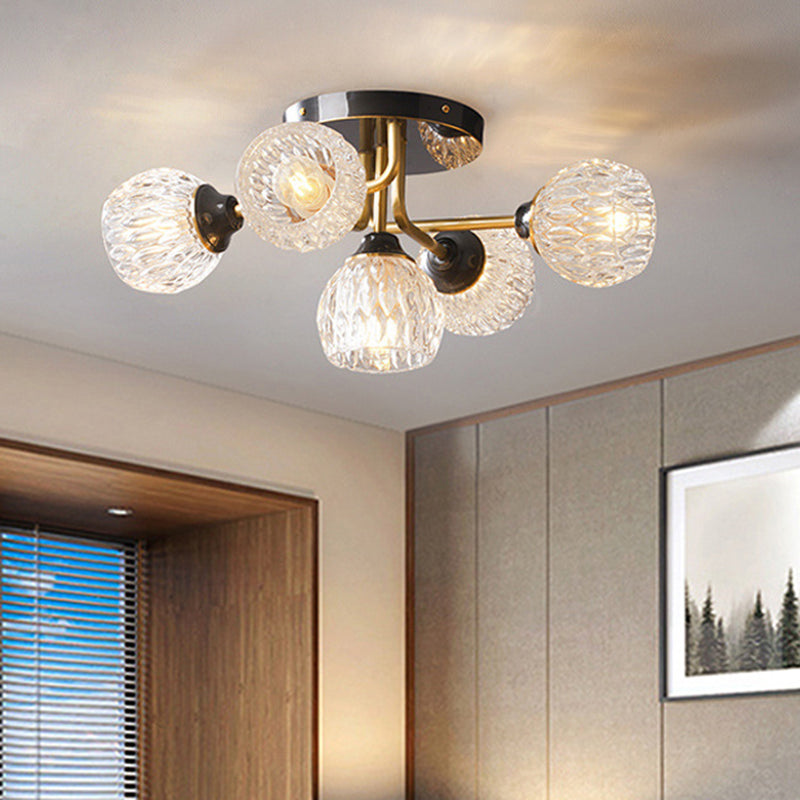 Ultra - Contemporary 5 - Light Bowl Semi Flush Chandelier - Ribbed Glass Ceiling Light For Bedroom