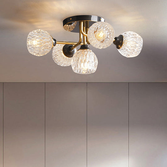 Ultra - Contemporary 5 - Light Bowl Semi Flush Chandelier - Ribbed Glass Ceiling Light For Bedroom