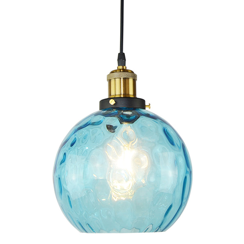 Vintage Industrial Blue Pendant Lamp With Spherical Ripple Glass - Ideal For Living Room